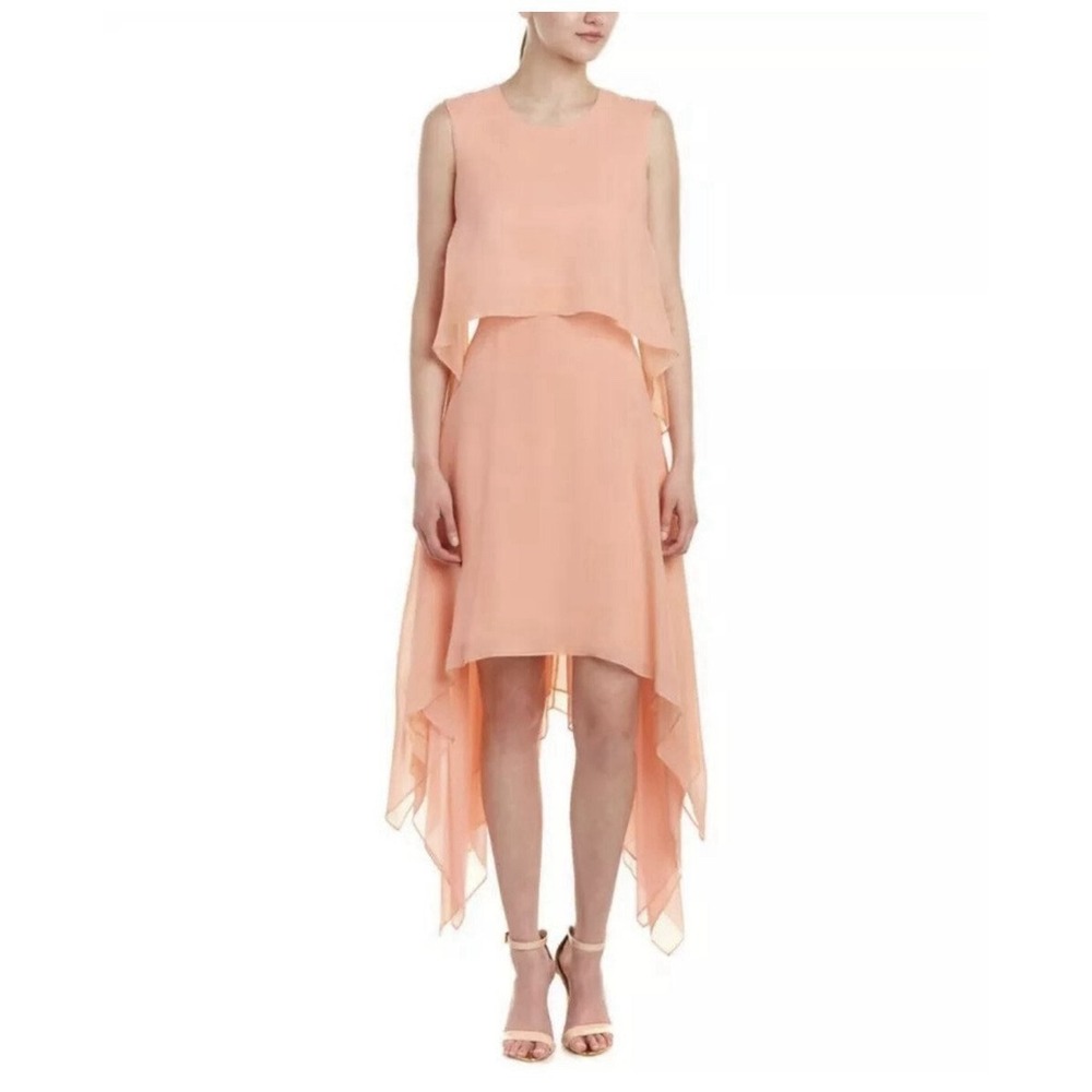BCBGMAXAZRIA Marilee Dress XS Blush Silk Chiffon High Low Wedding Guest Read